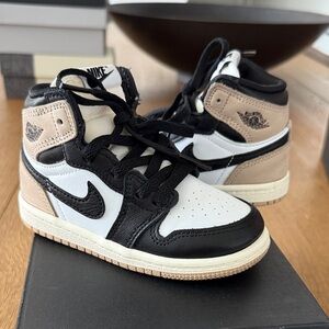 Jordan 1 Retro Kids Sneakers in Black, White, and Tan
